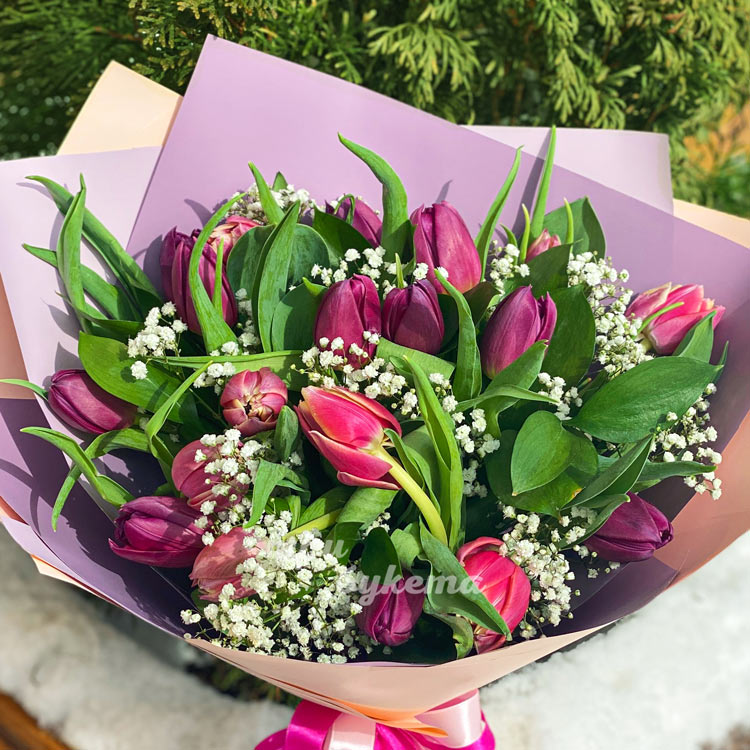 Букет ярких тюльпанов с гипсофилой (крупный план)